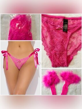 NEW Frederick’s of Hollywood Lace Tie Side Bikini LG & Feathered Fishnet Socks